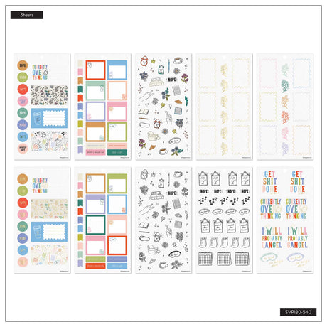 Happy Planner Pajama Plans sticker sheets with colourful boxes, quotes, labels and decorative icons