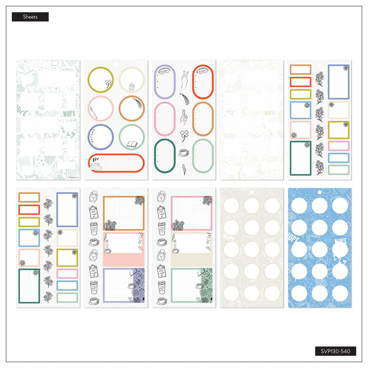 Pajama Plans pastel sticker sheets with circles, planning boxes, labels and doodles