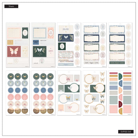 Wildflower Daydream Faith sticker sheet overview with floral memo boxes, circular icons and faith-based designs