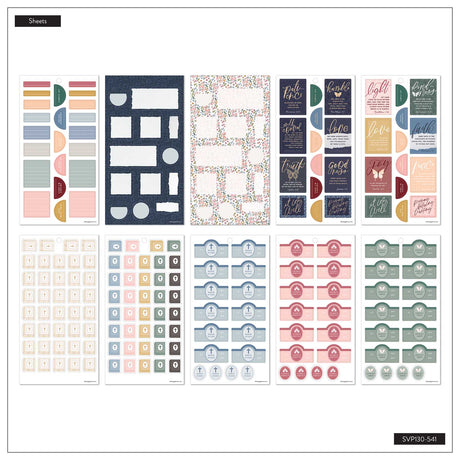 Wildflower Daydream Faith sheet overview with planning boxes, Bible icons, faith quotes and colourful labels