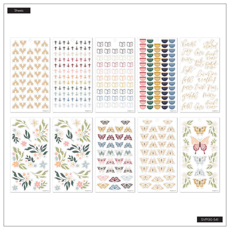 Happy Planner Wildflower Daydream Faith sticker sheets with crosses, quotes, wildflowers and butterflies