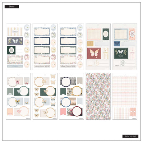 Wildflower Daydream sticker sheet overview with floral memo boxes, butterfly designs, quotes and flags