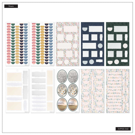 Happy Planner Wildflower Daydream sheets with small labels, planning boxes, oval designs and floral patterns
