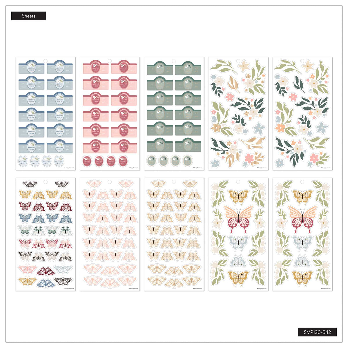 Wildflower Daydream sticker sheet overview with botanical illustrations, butterflies and colourful planning labels