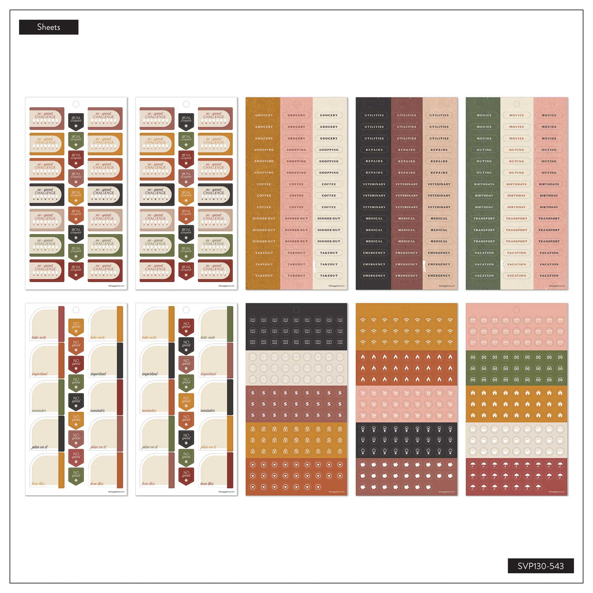 Amber & Oak Budget sheet overview with bill labels, long expense trackers and financial planning icons
