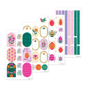 Hive & Bloom sticker sheets with colourful beetles, birds, floral labels and decorative planning strips