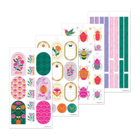 Hive & Bloom sticker sheets with colourful beetles, birds, floral labels and decorative planning strips