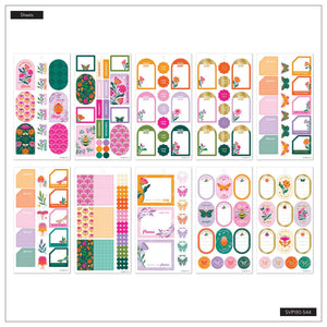 Hive & Bloom sticker sheet overview with floral planning boxes, arched labels, hearts and garden designs