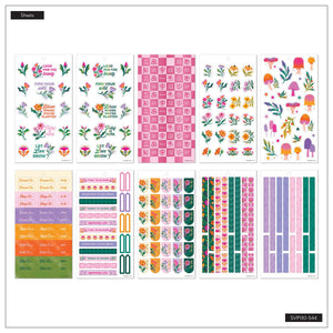 Hive & Bloom sticker sheet overview with floral quotes, mushrooms, garden insects and colourful decorative strips