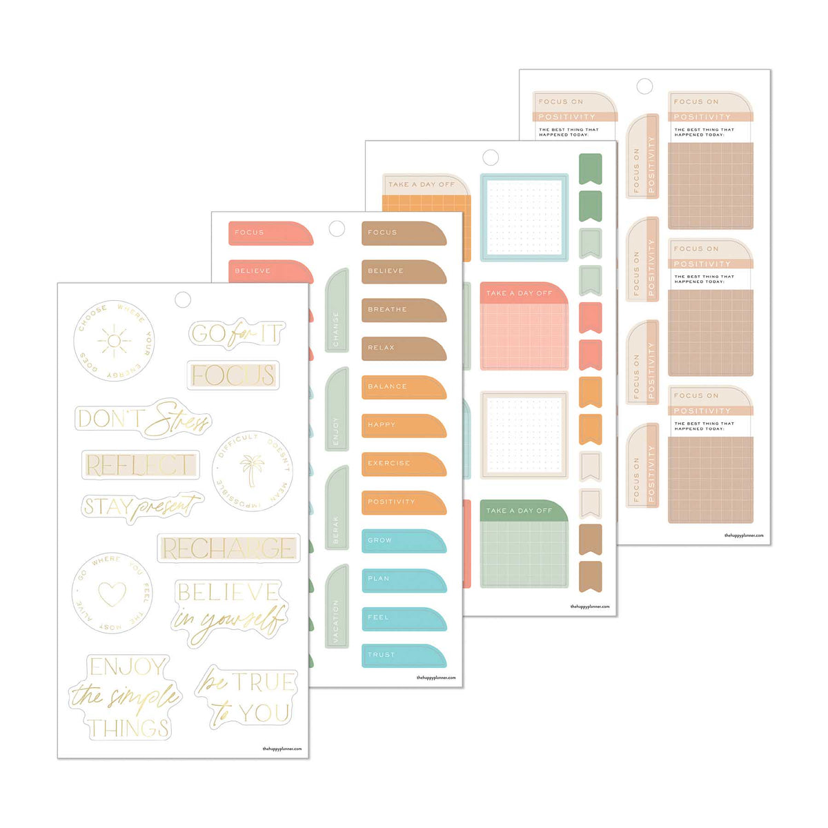 Hushed Hues sticker sheets with pastel planning boxes, arched labels, quotes and reflective prompts