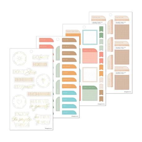 Hushed Hues sticker sheets with pastel planning boxes, arched labels, quotes and reflective prompts