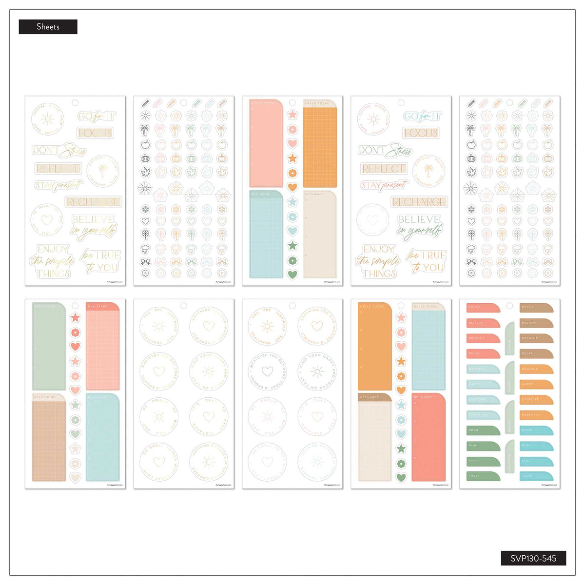 Hushed Hues Stress Management sheet overview with motivational quotes, checklists, circular designs and arched labels