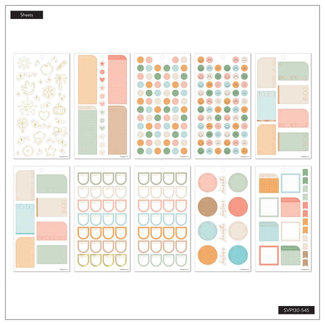 Happy Planner Hushed Hues sticker sheets with colourful dots, checklists, pastel boxes and decorative shapes