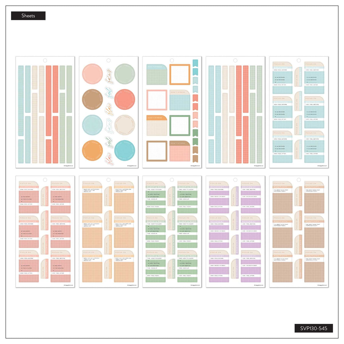 Hushed Hues Stress Management sheet overview with pastel circles, boxes, long strips and reflection labels