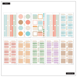 Hushed Hues Stress Management sheet overview with pastel circles, boxes, long strips and reflection labels