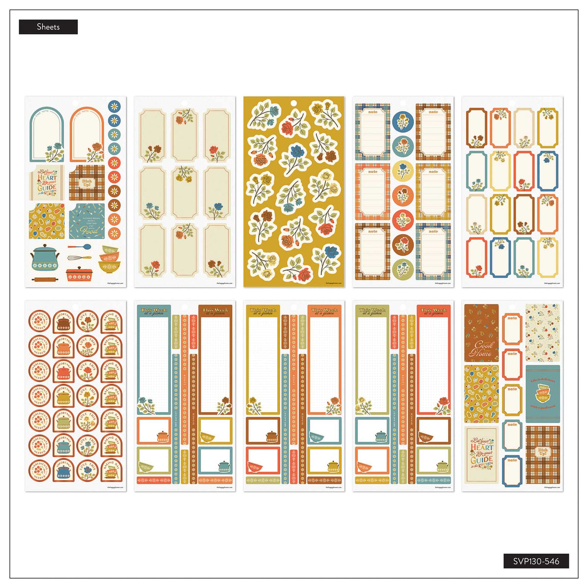 Happy Planner Fall Picnic Meal Planning sheet overview with floral boxes, arched labels and cookware stickers