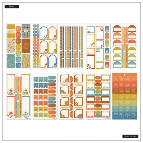 Fall Picnic Meal Planning sheet overview with meal labels, planning boxes, patterned strips and colourful checklists