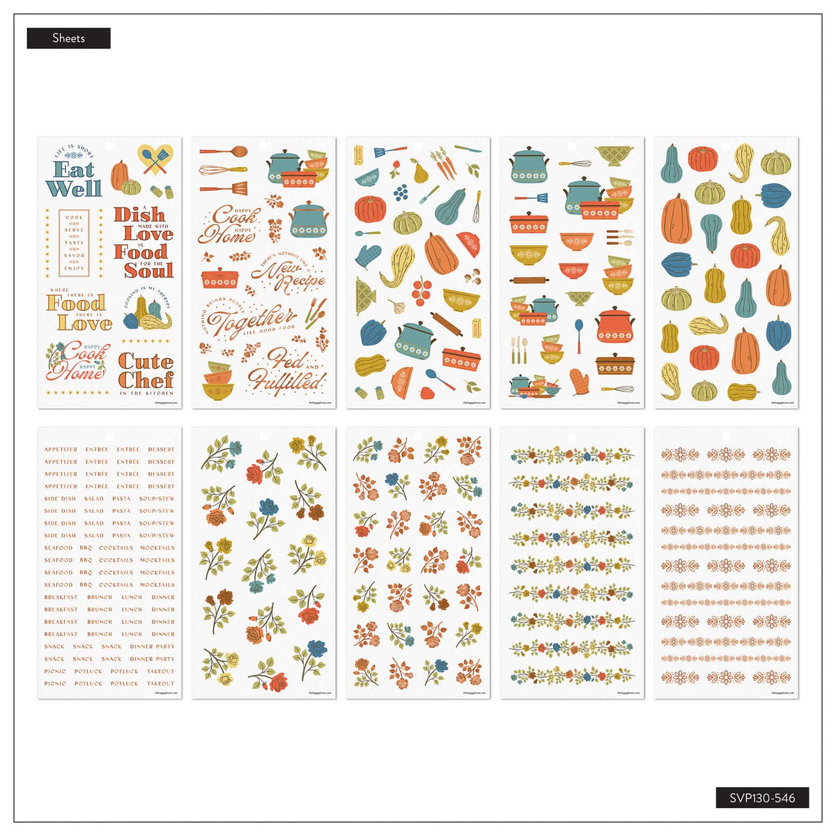 Fall Picnic Meal Planning sticker sheets with cooking quotes, produce, kitchen icons and floral decorations