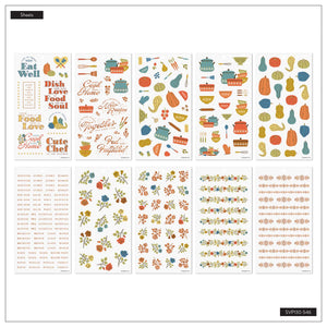 Fall Picnic Meal Planning sticker sheets with cooking quotes, produce, kitchen icons and floral decorations
