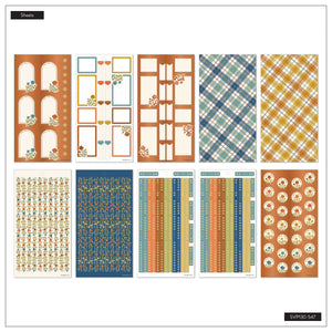 Fall Picnic sticker sheet overview with arched boxes, plaid patterns, checklists and circular floral labels
