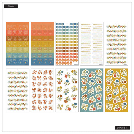 Fall Picnic sticker sheet overview with colourful planning labels, bullet points, floral borders and flower clusters