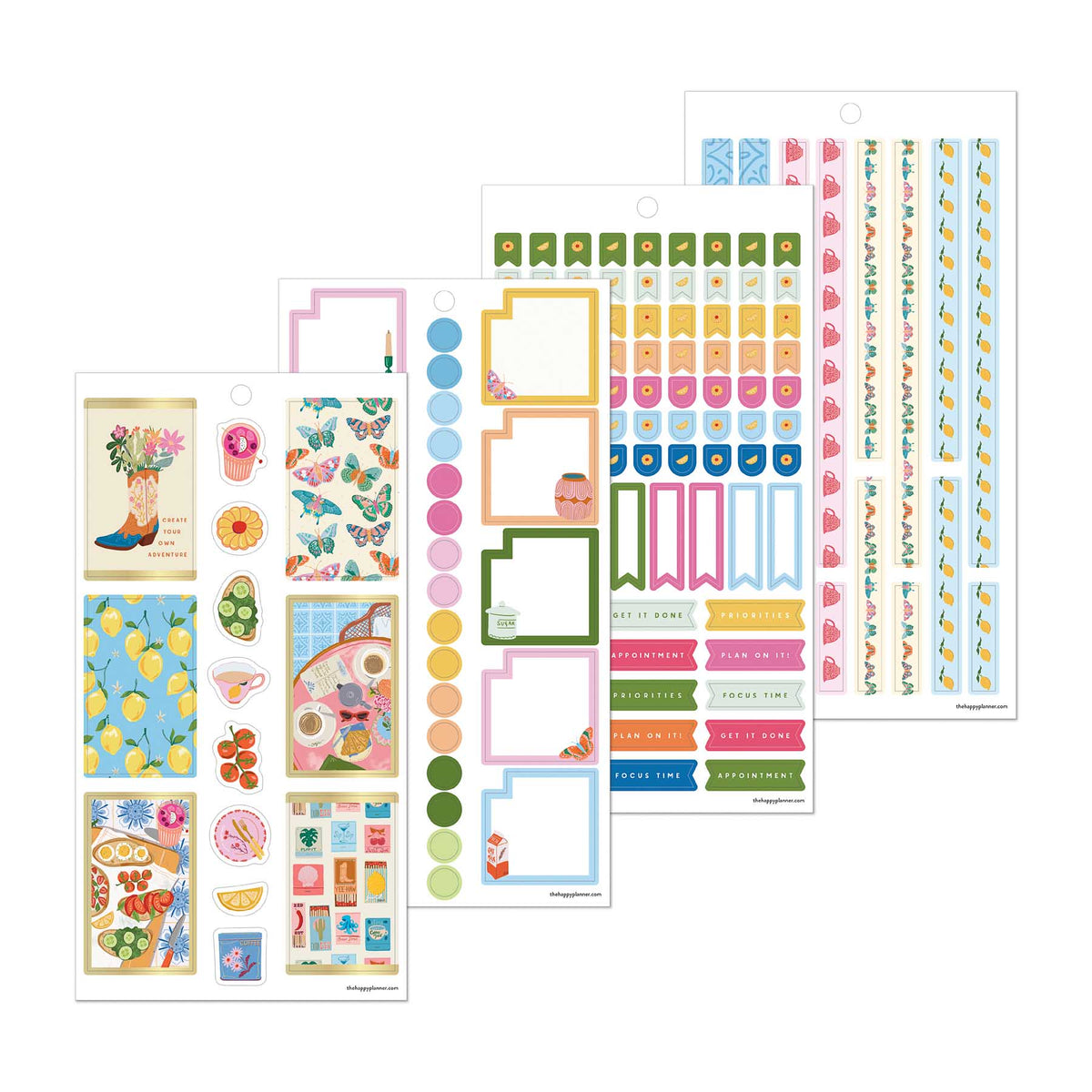 Life In Whimsy sticker sheets with colourful boxes, flags, dots and decorative food illustrations