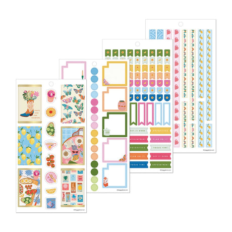 Life In Whimsy sticker sheets with colourful boxes, flags, dots and decorative food illustrations