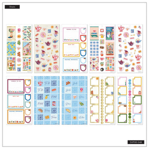 Life In Whimsy sticker sheet overview with floral boxes, food designs and blue patterned decorations