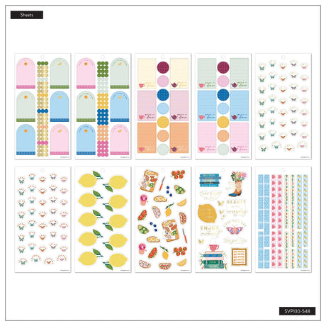 Life In Whimsy sticker sheet overview with pastel labels, teacups, lemons and decorative strips