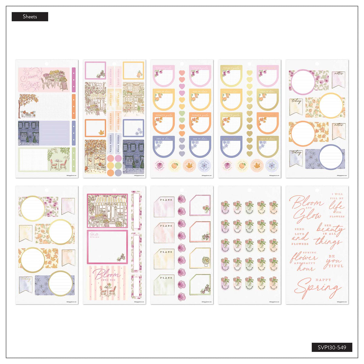 Seasonal Sidewalks sticker sheets with florals, circles, planning boxes and quotes