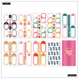 Bright Seasons sticker sheet overview with colourful labels, planning boxes, floral borders and an inspirational quote