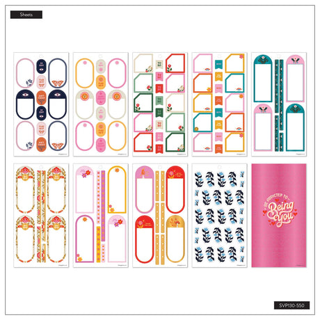 Bright Seasons sticker sheet overview with colourful labels, planning boxes, floral borders and an inspirational quote