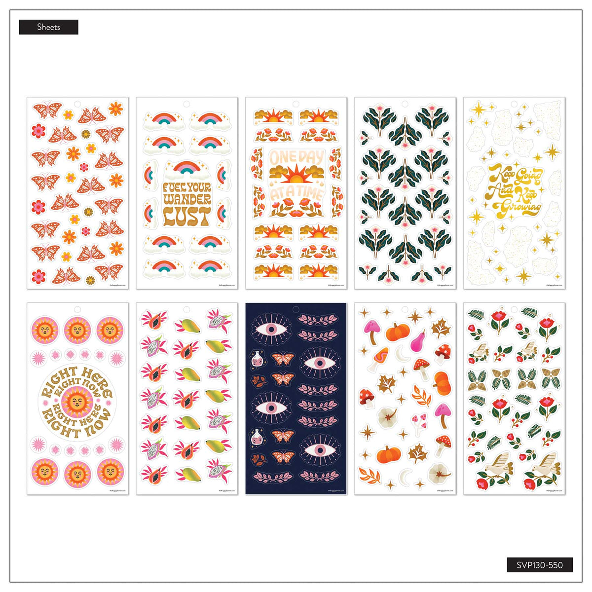 Bright Seasons sticker sheet overview with butterflies, rainbows, florals, stars, eyes, fruit and seasonal designs