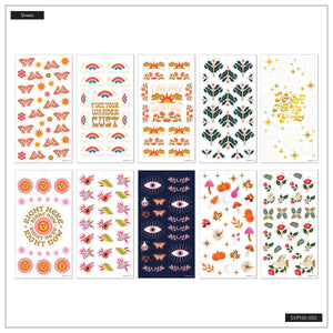 Bright Seasons sticker sheet overview with butterflies, rainbows, florals, stars, eyes, fruit and seasonal designs