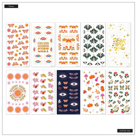 Bright Seasons sticker sheet overview with butterflies, rainbows, florals, stars, eyes, fruit and seasonal designs