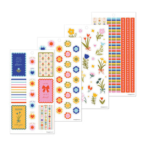 Little Garden sticker sheets with floral quotes, flower icons, garden illustrations and colourful checklist strips