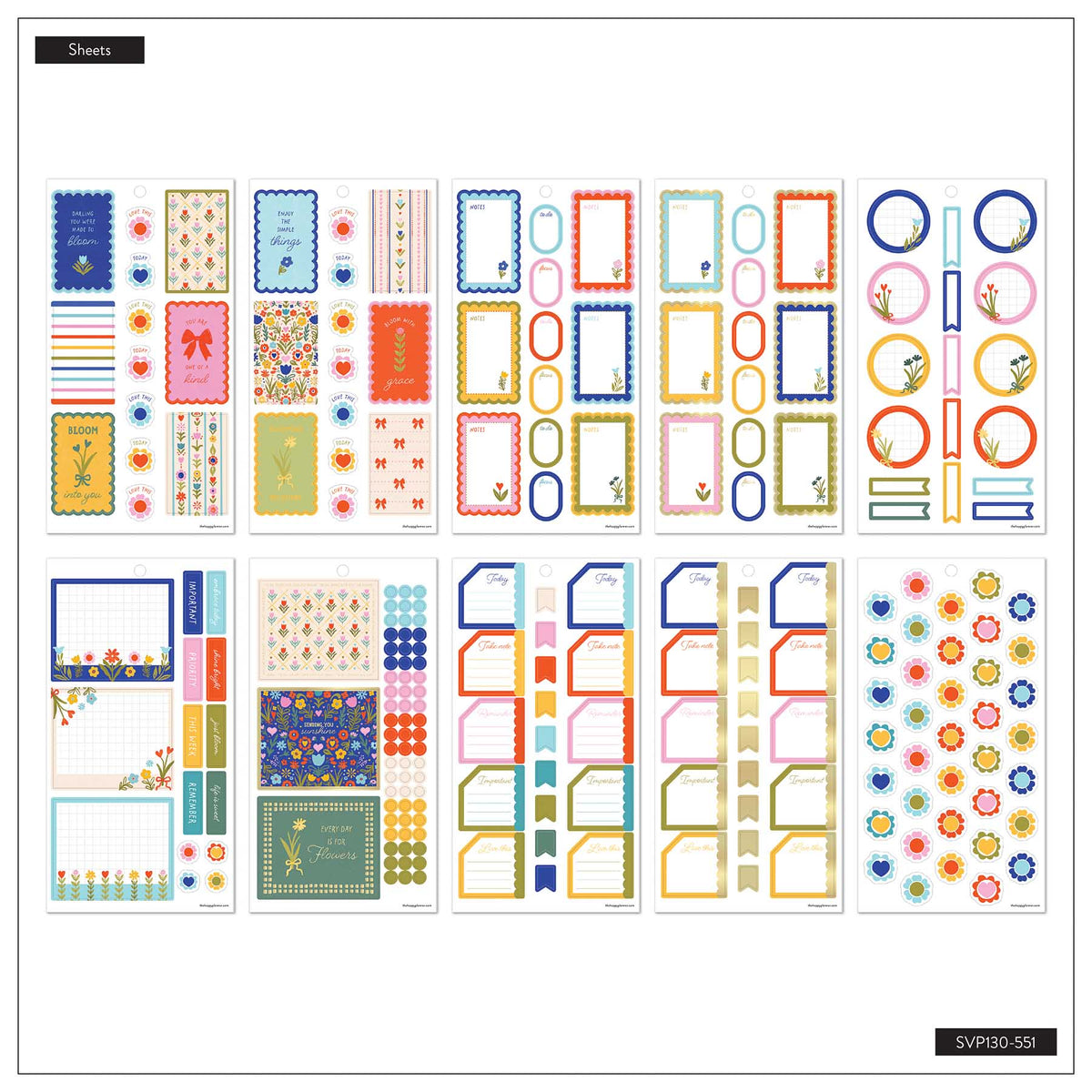 Little Garden sticker sheet overview with colourful planning boxes, floral accents, circles and patterned strips