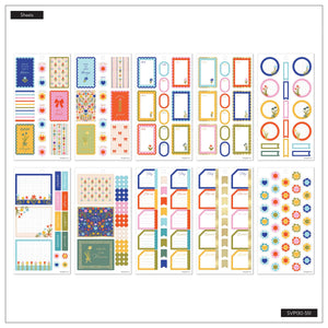 Little Garden sticker sheet overview with colourful planning boxes, floral accents, circles and patterned strips