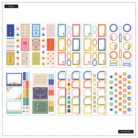 Little Garden sticker sheet overview with colourful planning boxes, floral accents, circles and patterned strips