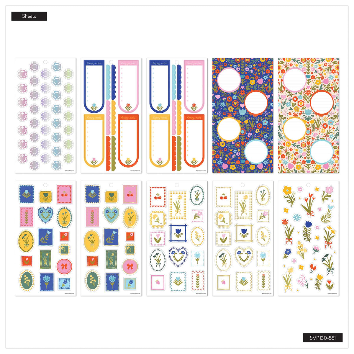 Little Garden sticker sheet overview with floral patterns, decorative frames, garden motifs and labels