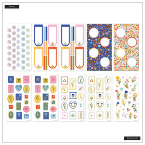 Little Garden sticker sheet overview with floral patterns, decorative frames, garden motifs and labels
