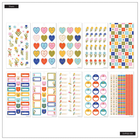 Little Garden sticker sheet overview with flowers, hearts, colourful boxes, labels and checklist strips