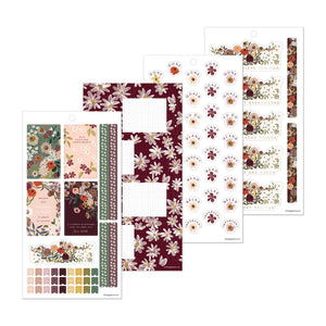 Wildflower Whimsy sticker sheets with floral quotes, burgundy flower-patterned boxes and botanical accents