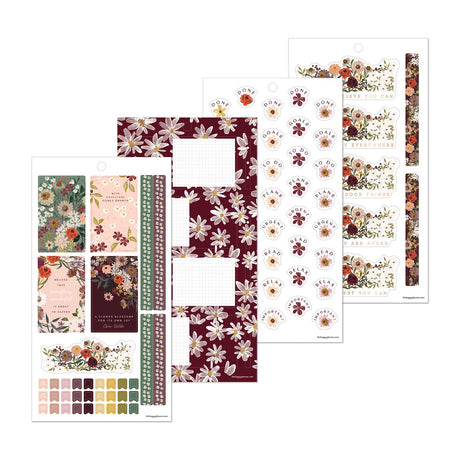 Wildflower Whimsy sticker sheets with floral quotes, burgundy flower-patterned boxes and botanical accents