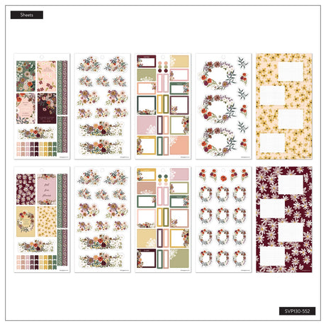 Wildflower Whimsy sticker sheet overview with floral quotes, wreaths, colourful labels and patterned boxes