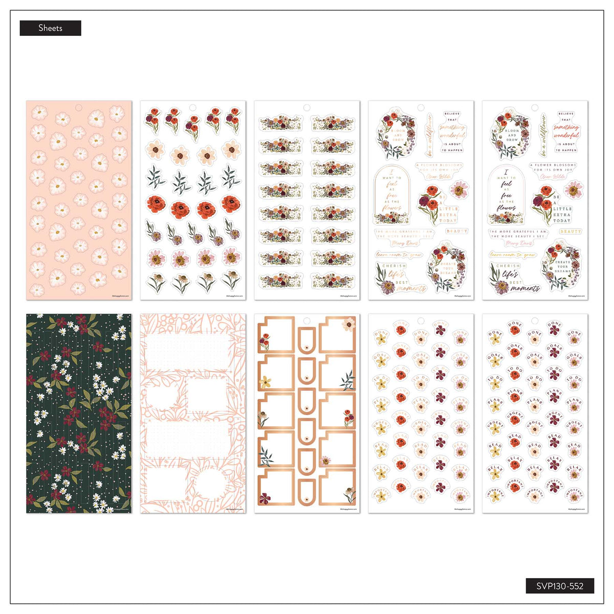 Wildflower Whimsy sticker sheet overview with individual flowers, floral wreaths, botanical borders and planning labels