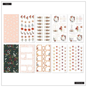 Wildflower Whimsy sticker sheet overview with individual flowers, floral wreaths, botanical borders and planning labels
