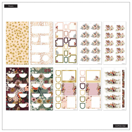 Wildflower Whimsy sticker sheet overview with floral patterns, decorative frames, boxes and flower clusters