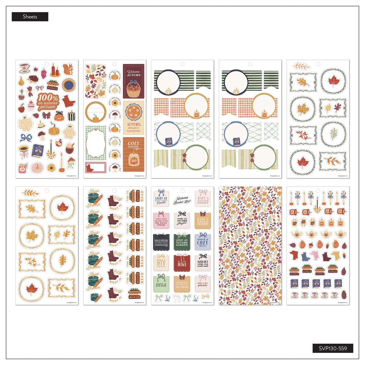 Favorite Season sticker sheet overview with autumn artwork, planning boxes, circular labels and floral patterns