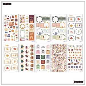 Favorite Season sticker sheet overview with autumn artwork, planning boxes, circular labels and floral patterns